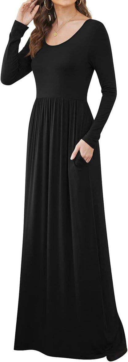 Women Casual Long Sleeve Maxi Dresses Empire Waist Long Dress with Pockets