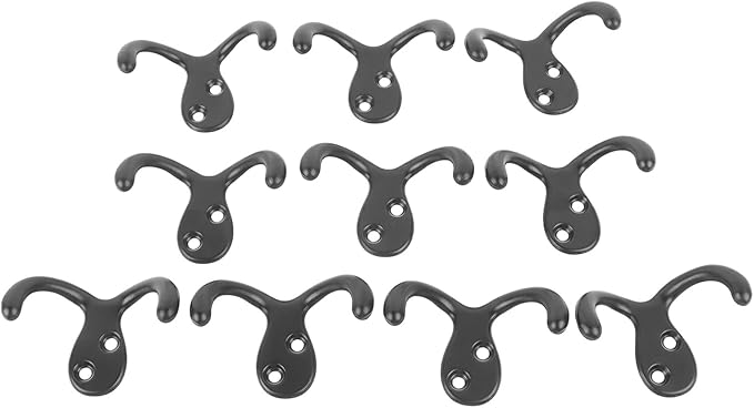 aqxreight 10pcs Black Double Prong Coat Hooks Wall Mounted Retro High Durability Zinc Alloy Wall Hooks for Bathroom Kitchen Double Prong Coat