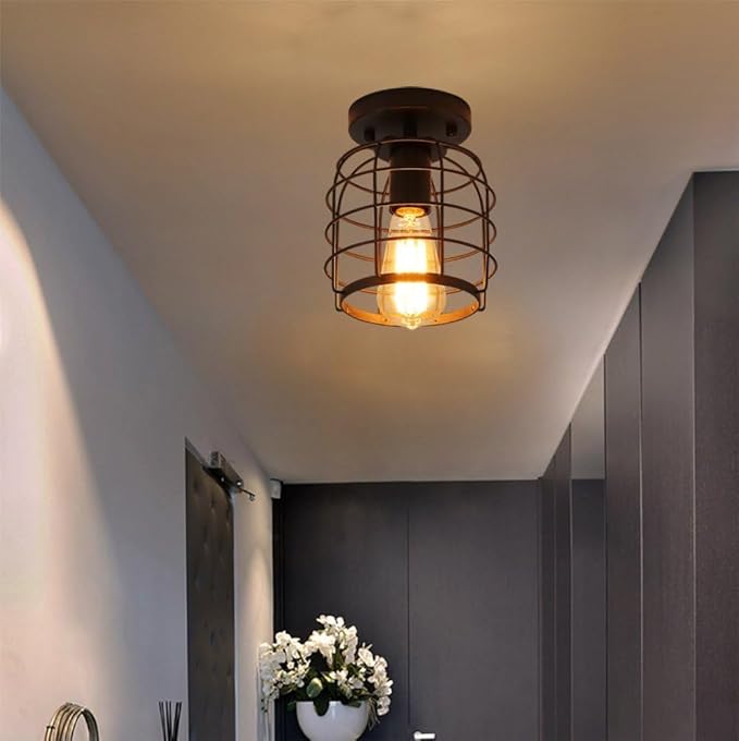 Create For Life Industrial Vintage Flush Mount Ceiling Light,Rustic Metal Cage Semi Flush Mount Ceiling Lamp Fixture for Hallway Stairway Kitchen Garage, E26, Black Finish,2 Pack