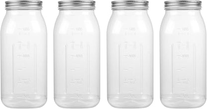 64 Ounce Clear Plastic Mason Jars With Screw On Lid, Reusable Empty Jars for Food Storage, BPA Free Containers for Sealing, Dry Food, Snacks, Candies, Breakage-proof, (Silver - 4 Pack)