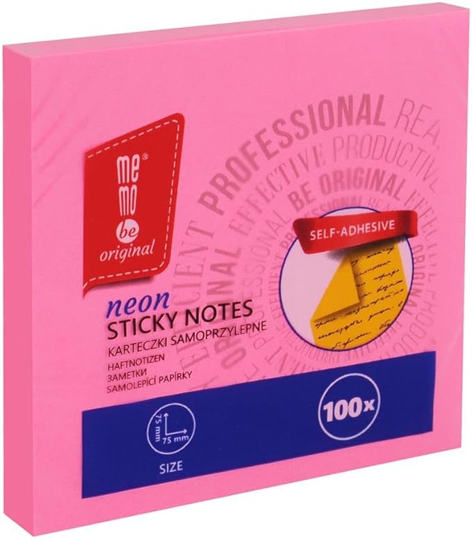 MEMOBE Sticky Notes - Sticky Notes - Sticky Notes Set - Self-Adhesive Notes - Postit Sticky Notes - Reusable Sticky Notes - Pastel Sticky Notes - 75 x 75 mm 100 Cards - Neon Pink