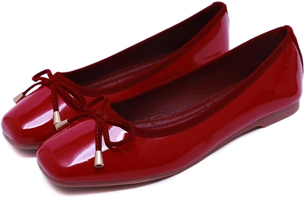 Hee grand Bow Flats for Women Square Toe Slip On Ballet Flats Patent Leather Dress Shoes Comfortable Work Shoes Casual Women Flats