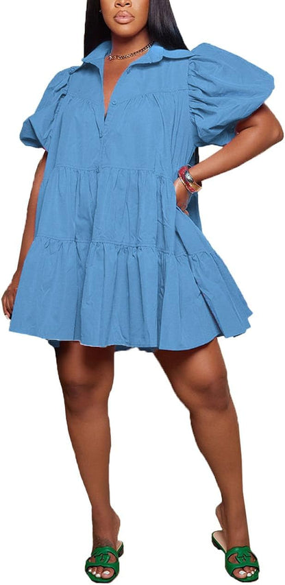 WOKANSE Women's Cute Babydoll Dresses Casual Loose Puff Sleeves Ruffle Hem Button Down Pleated Shirt Dress