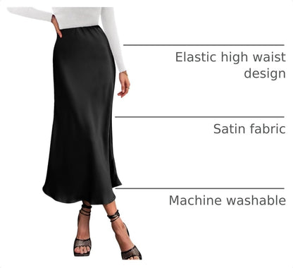 High-quality satin midi skirt from BTFBM, flowy A-line silhouette, elegant design, perfect for any special occasion.