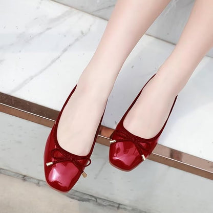 Hee grand Bow Flats for Women Square Toe Slip On Ballet Flats Patent Leather Dress Shoes Comfortable Work Shoes Casual Women Flats
