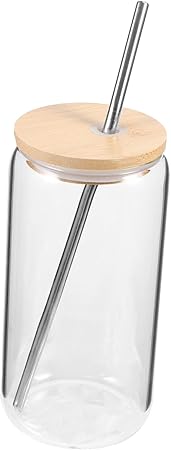 1set Glass Cup with Bamboo Lid and Stainless Steel Straw Design Tumbler for Juice Milk for Home Cafes and Parties