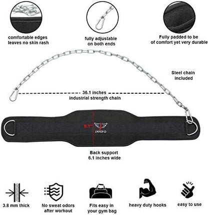 JAYEFO DIP BELT WITH CHAIN INDUSTRIAL STRENGTH STEEL 36 INCHES WEIGHTED CHAIN FOR DIPS PULL UPS WEIGHT LIFTING CROSSFIT - ONE SIZE FITS ALL