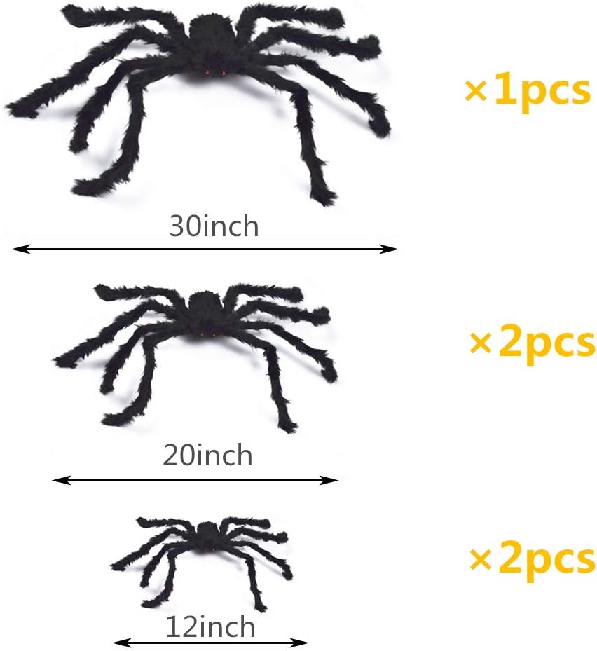 BEIGUO 5pcs Halloween Spider Set: Giant Hairy Spider with Red Eyes, Bendable Legs - Scary Decorations for Patio, Yard, Garden, House (30", 20", 12")
