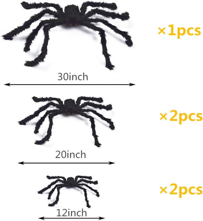 BEIGUO 5pcs Halloween Spider Set: Giant Hairy Spider with Red Eyes, Bendable Legs - Scary Decorations for Patio, Yard, Garden, House (30", 20", 12")