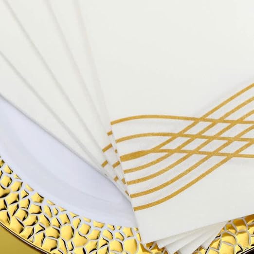 Tableclothsfactory 20 Pack | Gold Foil White Airlaid Soft Linen-Feel Paper Dinner Napkins, Disposable Hand Towels