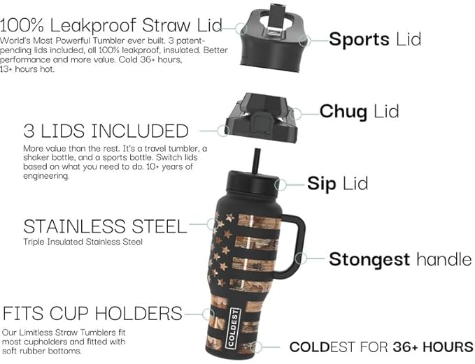Coldest 40 oz Tumbler with Handle and Straw, 100% Leak Proof Insulated Tumbler with Lid and Straw (3 Lids), Stainless Steel Tumblers for Women & Men, Cup Holder Friendly, 46 oz (Camouflage Flag)
