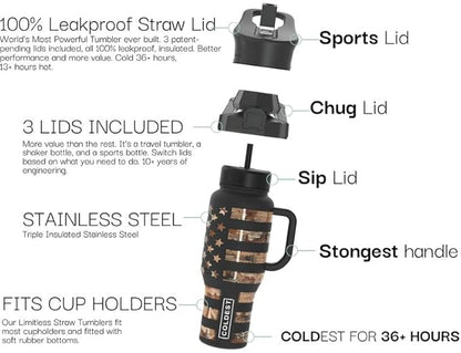 Coldest 40 oz Tumbler with Handle and Straw, 100% Leak Proof Insulated Tumbler with Lid and Straw (3 Lids), Stainless Steel Tumblers for Women & Men, Cup Holder Friendly, 46 oz (Camouflage Flag)