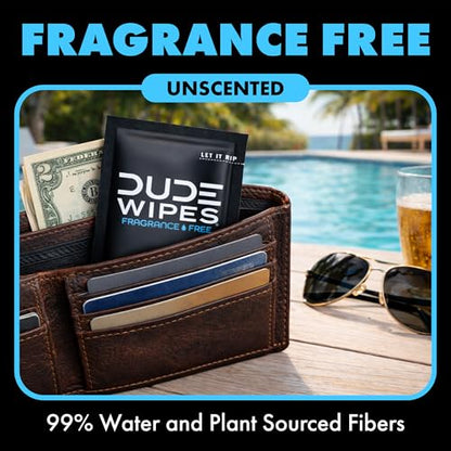 DUDE Wipes On-The-Go Unscented Travel Wipes - 30 Count (Individually Wrapped) - Extra-Large Adult Flushable Wipes for Sensitive Skin - Infused with Vitamin E and Aloe - Septic and Sewer Safe