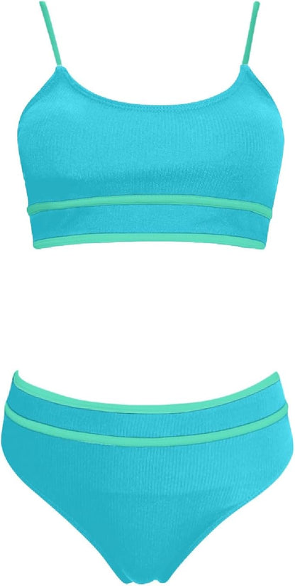 Bikini Sets for Women Two Piece High Waisted Ribbed Swimsuits High Cut Color Block Adjustable Straps Bathing Suits