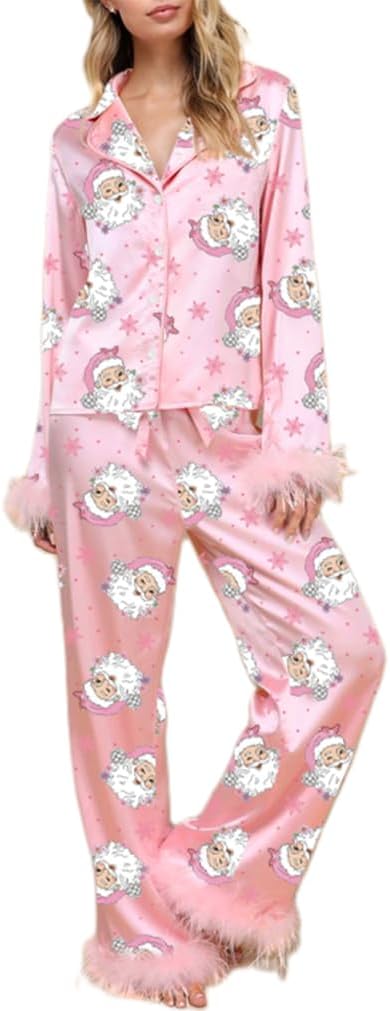 Women's Satin Silk Pajamas Sexy Feather Trim Long Sleeve Button Up Pjs Shirt Sleep Pajama Pants 2 Piece Lounge Sets