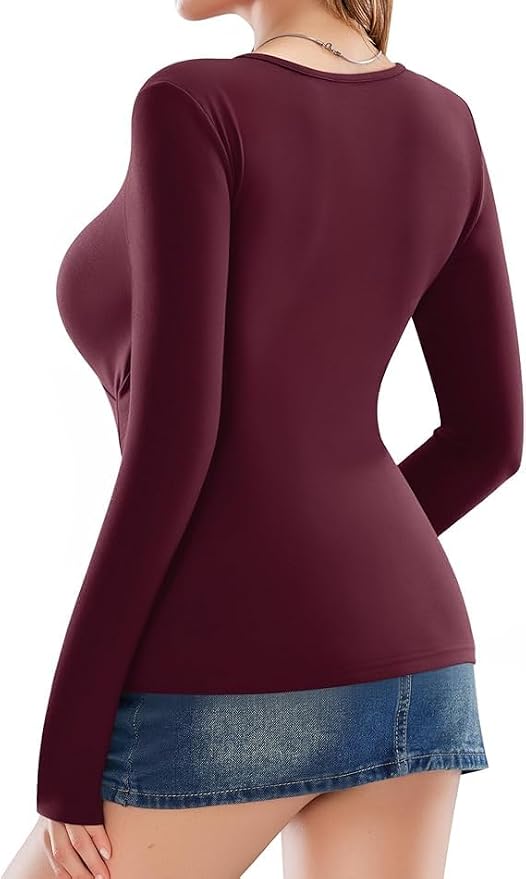 Medium Size, MANGOPOP Women's Cross Wrap Ruched Plunge Sexy Deep V Neck Slim Fit Long Sleeve Fleece Lined T Shirt Tunic Tops Tee.