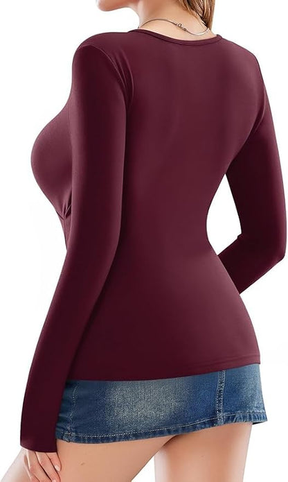 Medium Size, MANGOPOP Women's Cross Wrap Ruched Plunge Sexy Deep V Neck Slim Fit Long Sleeve Fleece Lined T Shirt Tunic Tops Tee.