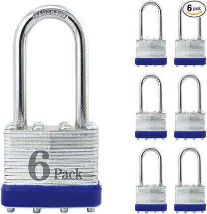 ZonRo Locks Laminated Steel Keyed Padlocks Keyed Alike Locks, Long Shackle Padlocks, for Hasp Latch, Sheds, Fences, Storage Locker, School, Gym,Pack of 6