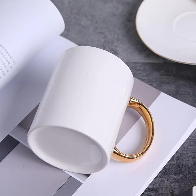 Ceramic Coffee Mug with Gold Handle, White, Modern Design