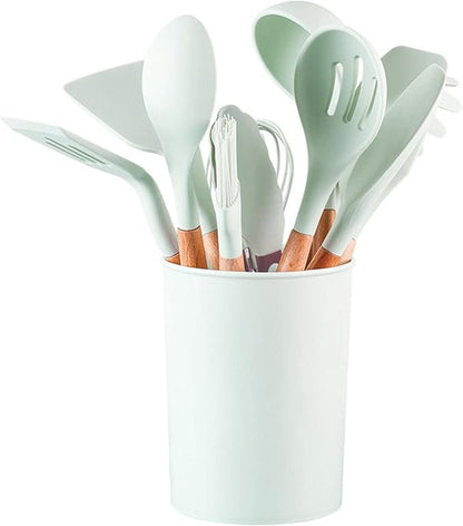 Green Silicone Utensils Kitchen Utensil Set with Multifunction Wooden Handle, Non-Stick Spatula, Ladle, Egg Shovel