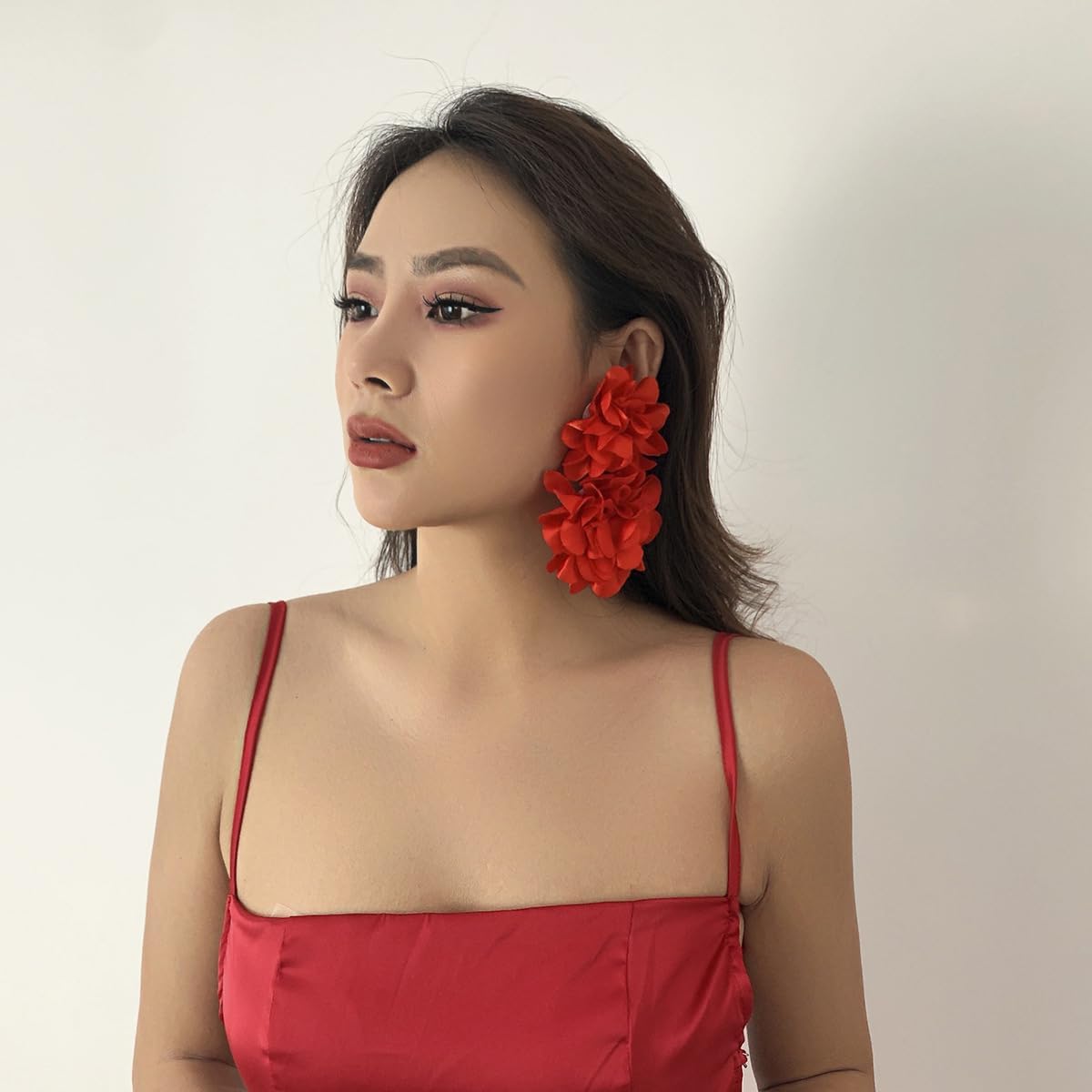 Big Flower Drop Earrings for Women Long Fabric Floral Dangle Earrings Bohemian Exaggerated