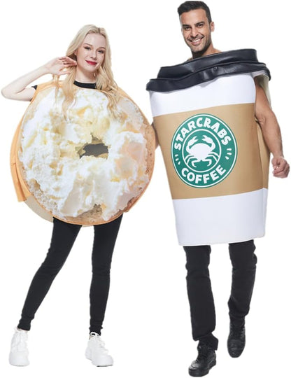 EraSpooky Unisex Adult Couples Bagel Coffee Costume 2 Pc Jumpsuit Halloween Costume One Size Set