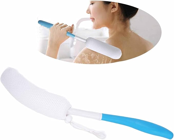 Zetiling Long Handled Bath Sponge, Back Bath Brush with Sponge, Curved Handle Bath Body Brush, Bath Body Brush Long Curved Handle Soft Sponge Body Cleaning Exfoliating Shower Brush