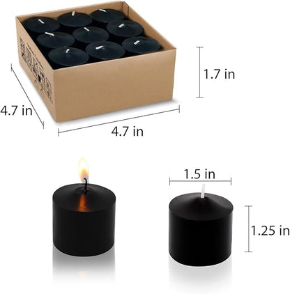 Black Votive Candles, 9 Packs of Small Unscented Votives for Halloween, Wedding, Holiday Party, Home (8 Hours), 1.5 inches deep x 1.25 inches tall