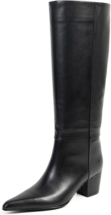 PECHORL Genuine Leather Knee High Boot Pointed Toe Chunky Heel | Classic Fashion Long Tall Boots Wide Calf Pull On Pointed Toe Block Heeled Elegant Comfortable Party Dress Shoes