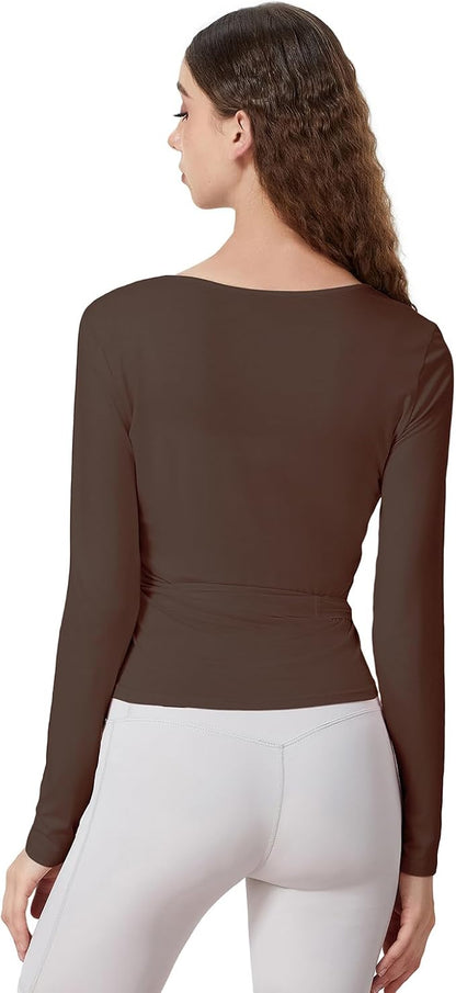 Women Wrap Tie Top Y2k Long SLeeve Ballet Workout Yoga Shirt Coquette Blouses.