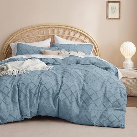 Bedsure Boho Duvet Cover King Size - Boho Bedding, Tufted King Duvet Cover for All Seasons, 3 Pieces Embroidery Shabby Chic Home Bedding,Comforter Not Included (Mineral Blue, 104" x 90")