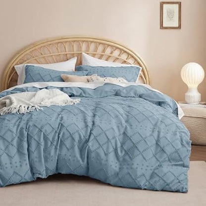 Bedsure Boho Duvet Cover King Size - Boho Bedding, Tufted King Duvet Cover for All Seasons, 3 Pieces Embroidery Shabby Chic Home Bedding,Comforter Not Included (Mineral Blue, 104" x 90")