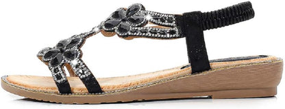 Women's T-Strap Beaded Flower Rhinestone Flat Sandals Dress Beach Shoes