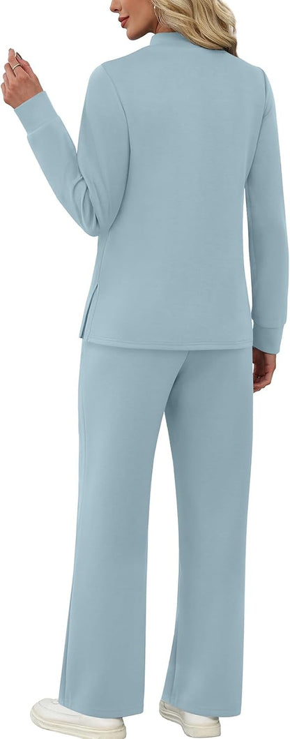 WIHOLL Two Piece Sets for Women Spring Travel Vacation Outfits 2026 Long Sleeve Lounge Sets Side Slit Wide Leg Pants S-3XL.