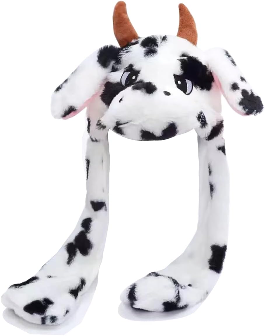 Cow Hat Ear Moving Jumping Hat Funny Plush Cap Dress Up Cosplay Party Christmas Holiday Cute Ear Flap Cap