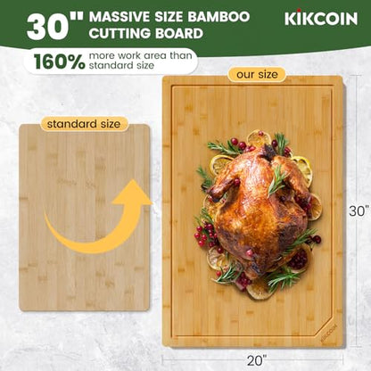 30 Inch Extra Large Bamboo Cutting Boards for Kitchen, Wood Cutting Board with Deep Juice Groove and Handle Heavy Duty Chopping board, Oversized Stove Top Cover, Kikcoin, 30 x 20""