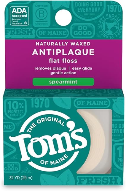 Tom's of Maine Naturally Waxed Antiplaque Flat Dental Floss, Spearmint, 32 Yards