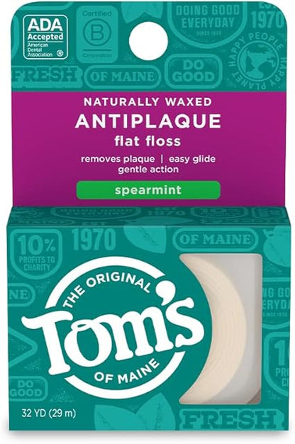 Tom's of Maine Naturally Waxed Antiplaque Flat Dental Floss, Spearmint, 32 Yards