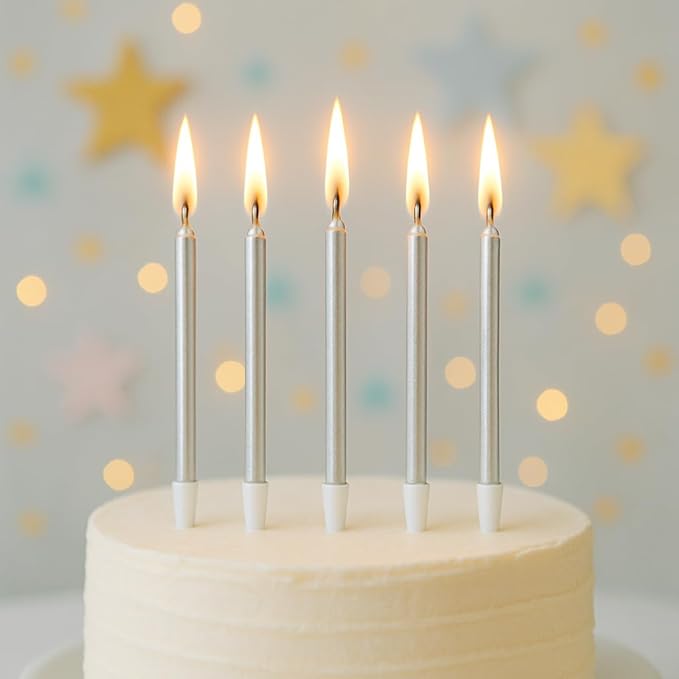 Birthday Candles - 24 Count Long Thin Silver Birthday Candles for Cake, Metallic Cake Candle for Birthday, Party Candles