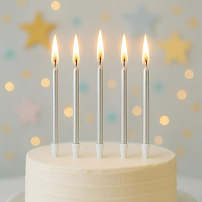 Birthday Candles - 24 Count Long Thin Silver Birthday Candles for Cake, Metallic Cake Candle for Birthday, Party Candles