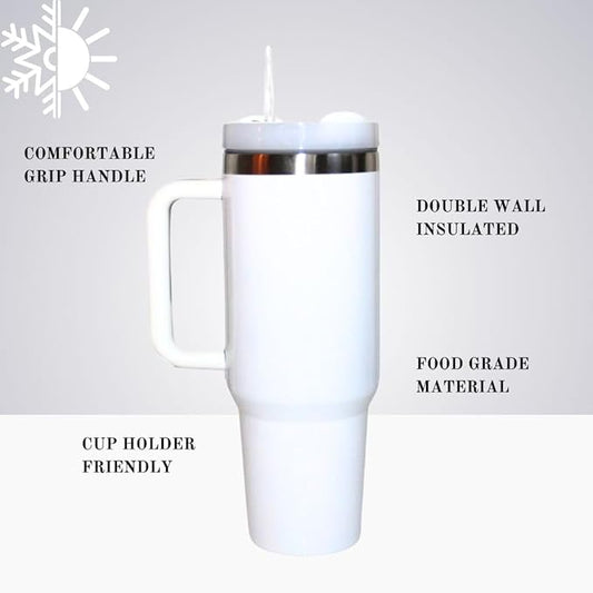 40oz Tumbler with Handle and Straw Lid, Stainless Steel Double Wall Vacuum Insulated Water Bottle, Travel Mug, Cup Holder Friendly (White)