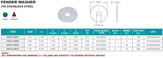 STAINLESS FENDER WASHER 516" X 1.5" 316 SS (QUANTIY 1 PIECE)