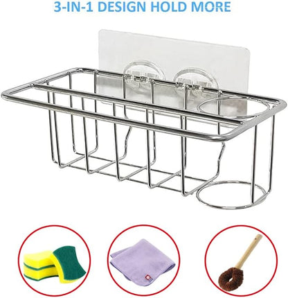 Sink Caddy Organizer 3 in 1 Adhesive Sink Caddy Sponge Holder for Brush Sponge Dishcloth Storage Stainless Steel Basket (3 in 1 Adhesive Holder)