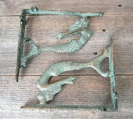 Vintage 2 Cast Iron MERMAID Brackets Garden Braces Shelf Bracket Corbels Beach Nautical
