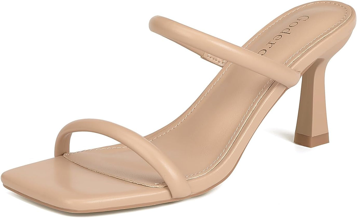 Goderci Kitten Heels for Women Two Strap Mules Mid Square Open Toe Slip On Heeled Sandals