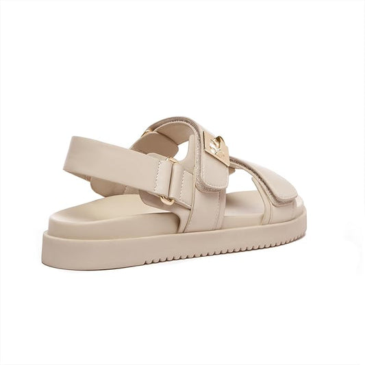Rihero Women's Flat Sandals Comfort Adjustable Double Strap Slip on Leather Footbed Sandals