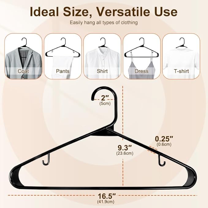 HOUSE DAY Black Plastic Hangers 10 Pack, Plastic Clothes Hangers with Built-in Hooks, Durable and Strong Coat Hanger for Closet, Space Saving Clothing Hanger for Shirts, Coats, Skirt, Dress
