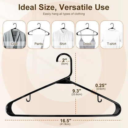 HOUSE DAY Black Plastic Hangers 10 Pack, Plastic Clothes Hangers with Built-in Hooks, Durable and Strong Coat Hanger for Closet, Space Saving Clothing Hanger for Shirts, Coats, Skirt, Dress
