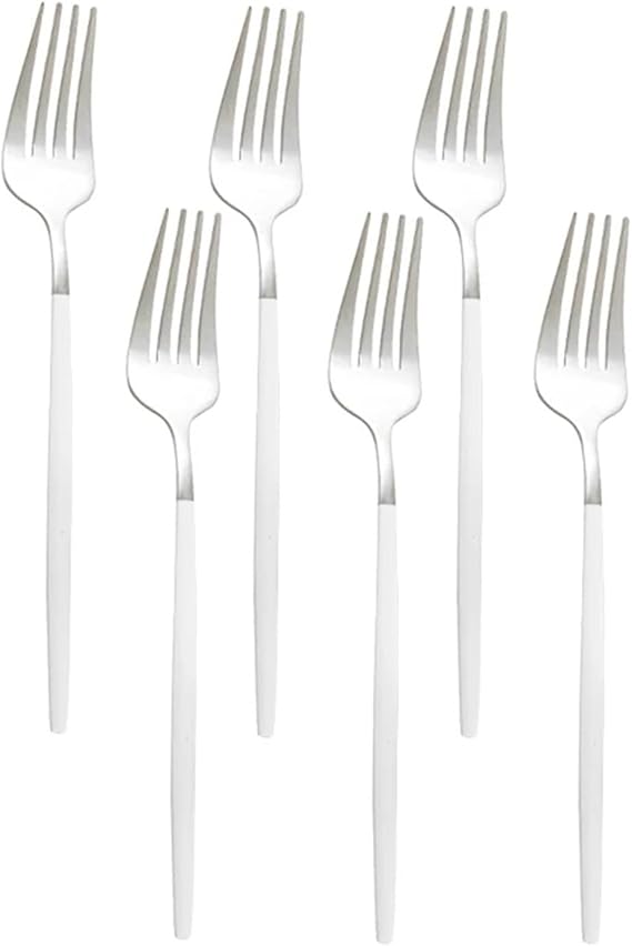 6Pcs Gold Matte Dinner Fork Stainless Steel Dinnerware Flatware Western Fork Wedding Hotel Tableware Silverware Cutlery Set (Size : White Silver)