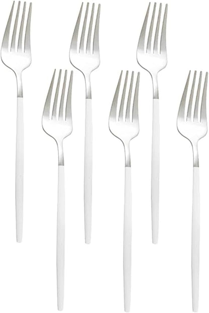 6Pcs Gold Matte Dinner Fork Stainless Steel Dinnerware Flatware Western Fork Wedding Hotel Tableware Silverware Cutlery Set (Size : White Silver)